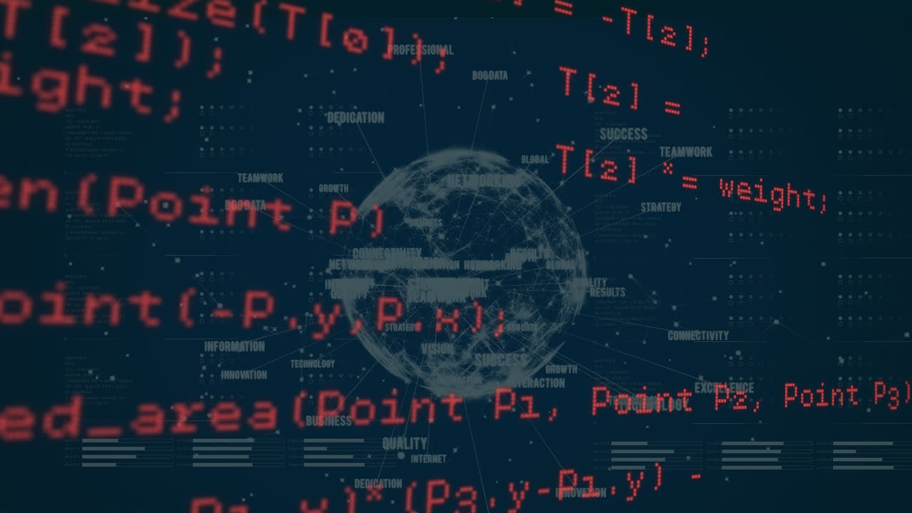 Animation of globe and diverse data processing over navy background