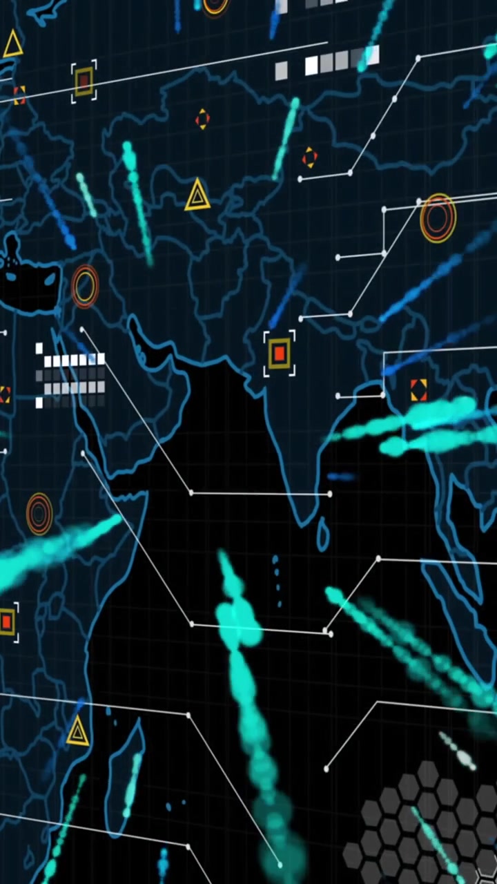 Animation of flying dots forming lines, abstract pattern, shapes over map against black background