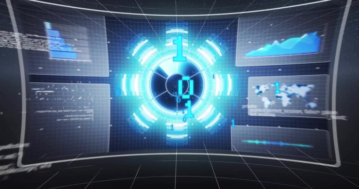 Animation of data processing over blue background