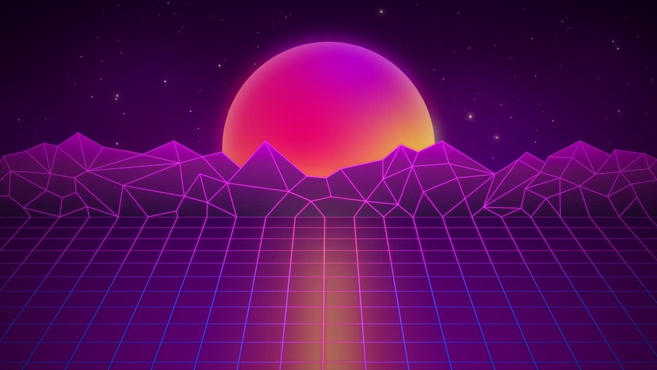 synthwave wireframe net. sunset above the mountains. 80년대 스타일, 레트로 퓨처리즘 배경. vhs intro. cyberpunk 스타일. horizon landscape, neon lights, starry sky. vintage seamless loop. vaporwave