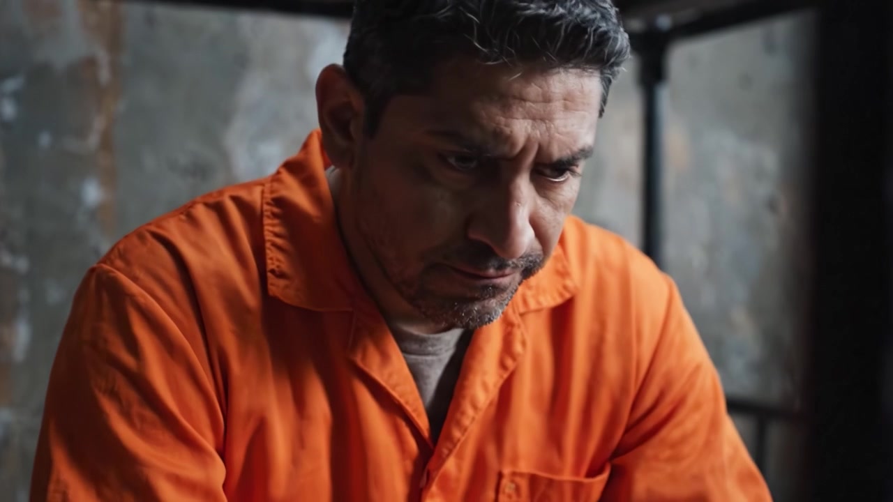 A Contemplative Moment in Solitude: A Prisoner in an Orange Jumpsuit Reflects on His Circumstances Behind Bars, Emphasizing the Weight of Isolation and Regret