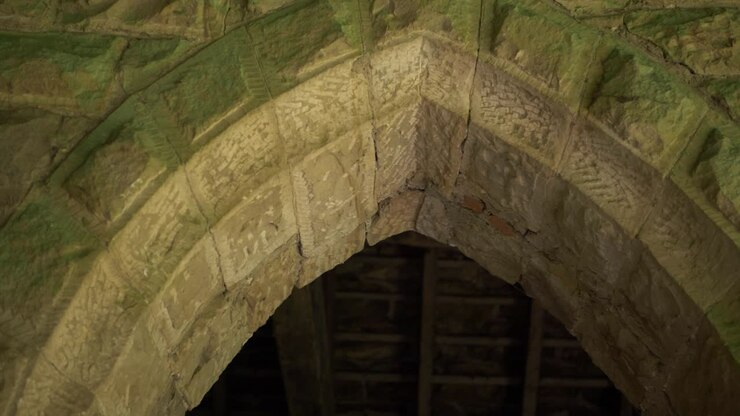 Entrada arqueada em antigo edifício de pedra, plano médio em panorâmica