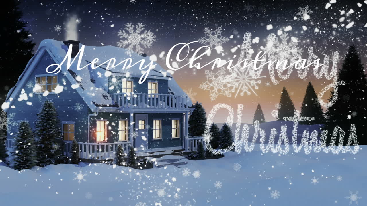 렌즈 플레어가 눈알을 형성하는 애니메이션, 눈 인 풍경과 밤하늘에 집 위에 눈이 내리는 애니메이션.