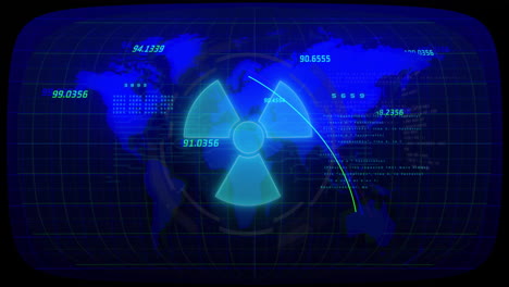 Animation of nuclear symbol overlay on digital world map with glowing numbers