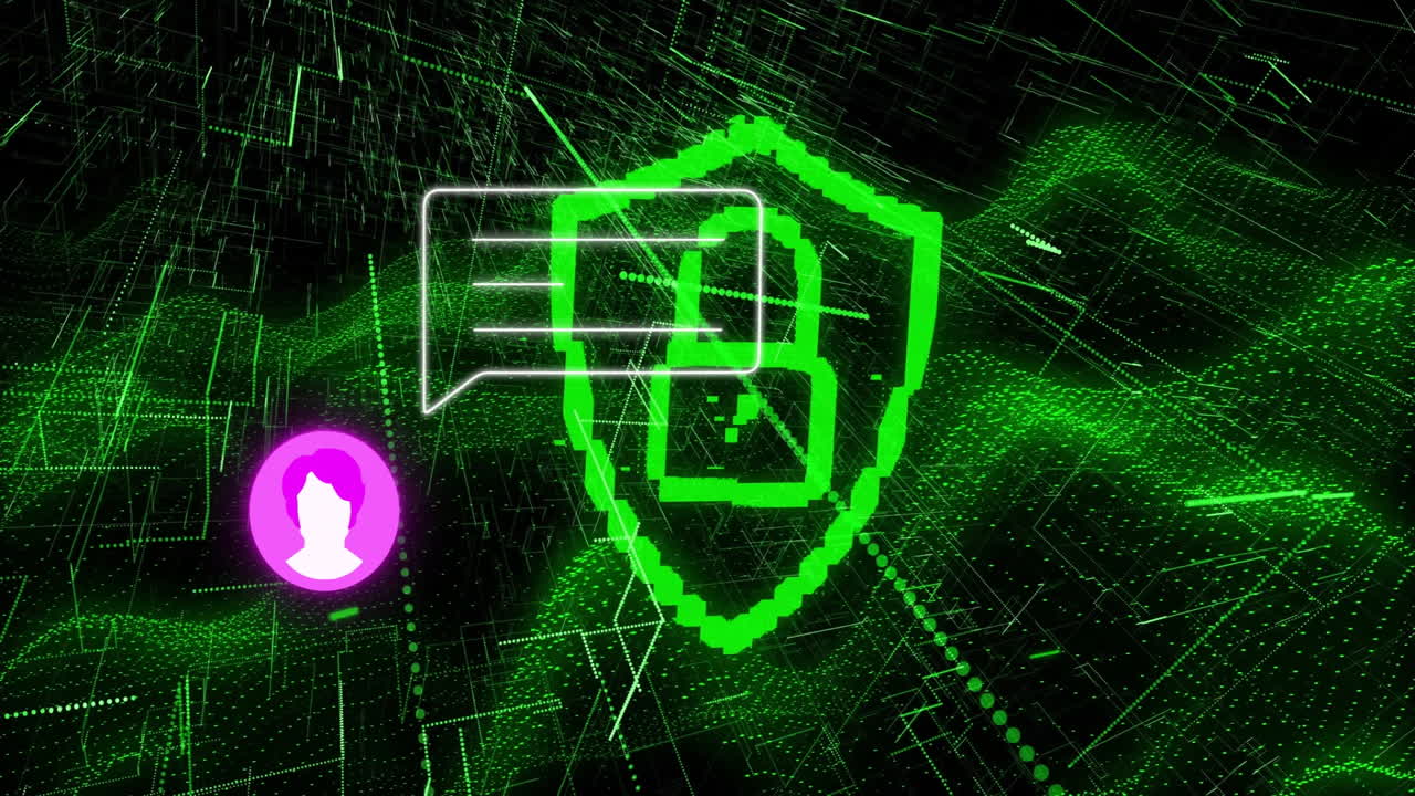 Digital security shield and chat icon over green data network animation