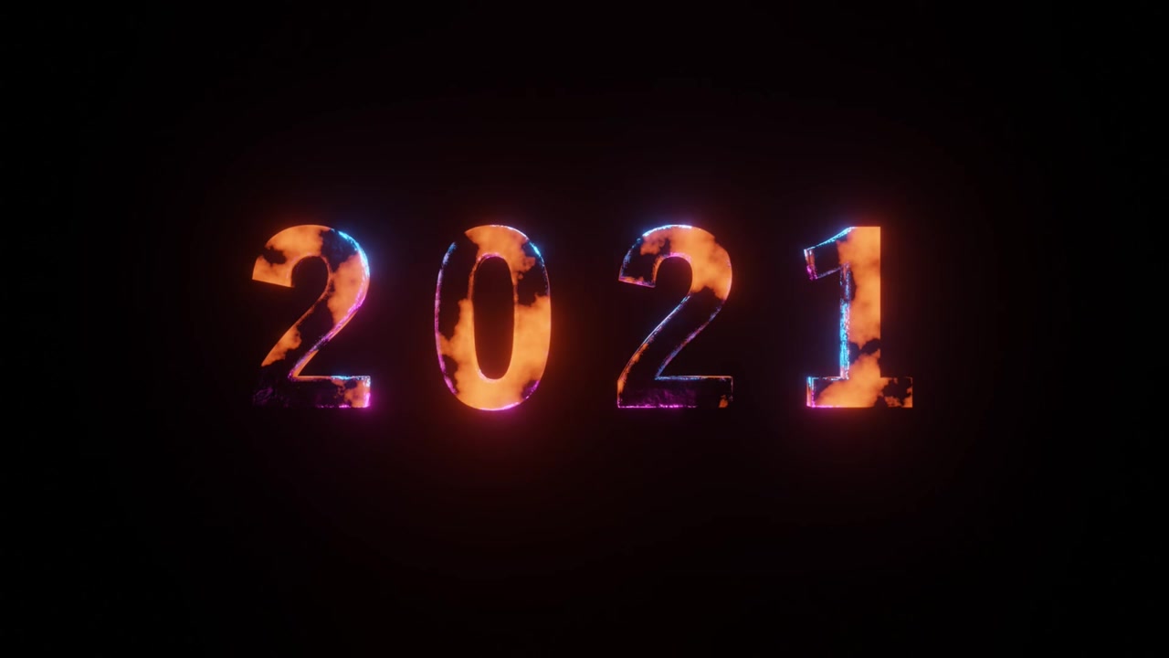 Frohes Neues Jahr Thema - 4K Videoanimation einer texturierten 2021-Zahl oder eines Textes mit Entstehungs- und Verschwindeeffekt, isoliert auf schwarzem Hintergrund