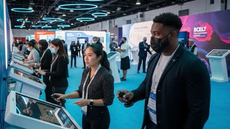 engaged participants exploring interactive displays at an exhibition, showcasing technology and innovation in a dynamic environment with networking opportunities