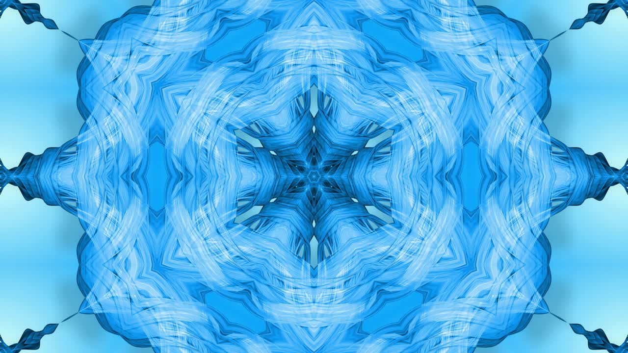 animación en bucle 3d, un fondo abstracto con cintas azules girando y formando estrellas o copos de nieve como con un efecto caleidoscópico.