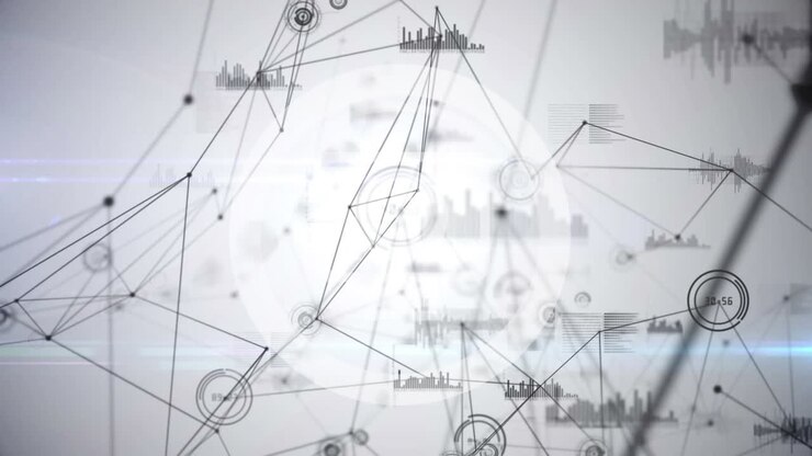 Digital animation of network of connections and data processing against grey background