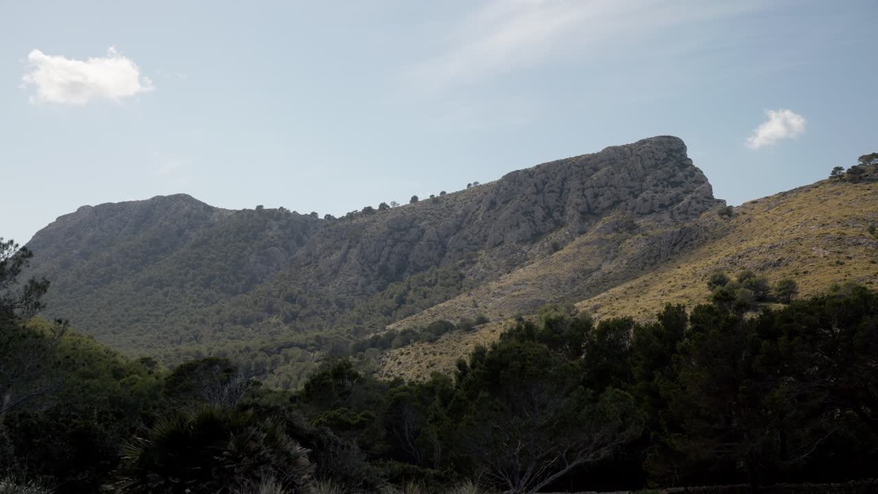 Catena montuosa di Maiorca con valli verdi e cielo blu, pacifico paesaggio isolano, pan di localizzazione