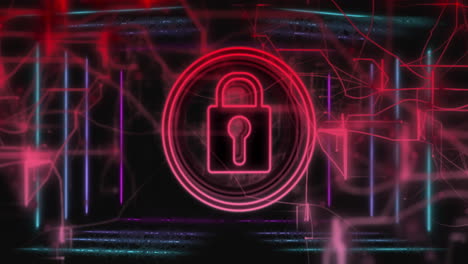 icono de candado brillante y líneas digitales, animación de seguridad de datos sobre fondo oscuro