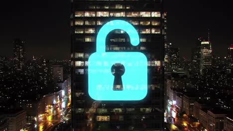 open lock on skyscraper at night