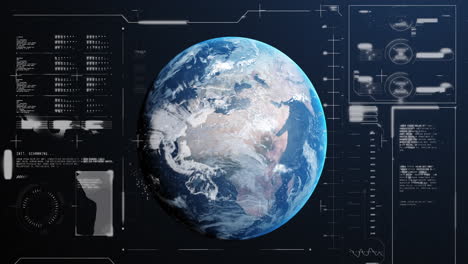 Animation-of-graphs,-loading-bars-and-circles-over-rotating-globe-against-abstract-background