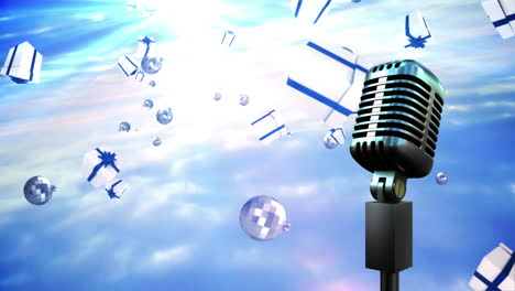 animation of vintage microphone with christmas presents falling on blue background