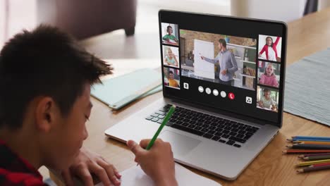 Schoolboy-using-laptop-for-online-lesson-at-home,-with-diverse-teacher-and-class-on-screen