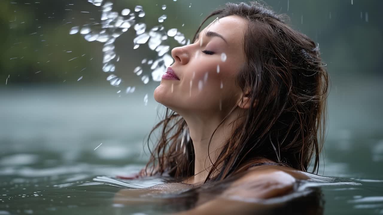 Una donna galleggia pacificamente in acque calme. La pioggia cade dolcemente intorno a lei, rassicurandola. Chiude gli occhi, si sente serena, abbraccia momenti di quiete. Ideale per spa, benessere o scene romantiche.