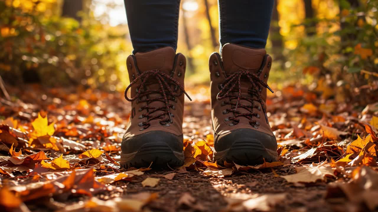 Exploring Autumn Trails: A Close-Up View of Hiking Boots Surrounded by Colorful Fallen Leaves on a Scenic Pathway in the Heart of Nature