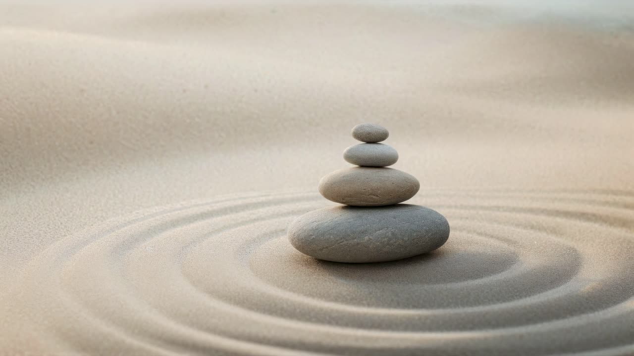 A serene video concept with a low-angle view of stacked stones on sand, creating a calming ripple