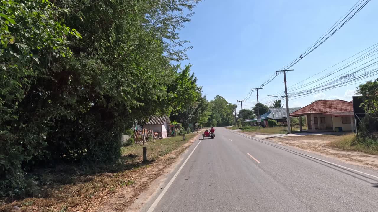 나무 가 여 있는 교외 거리 를 여행 하는 것