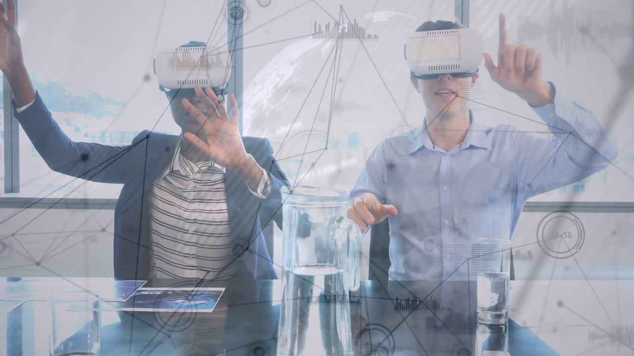 Using virtual reality headsets, people interacting with digital network animation