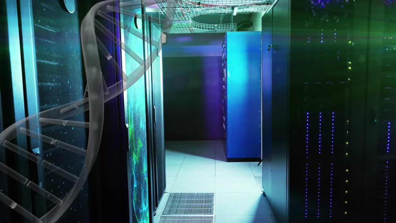 Animeret DNA-streng over servere i datacenter
