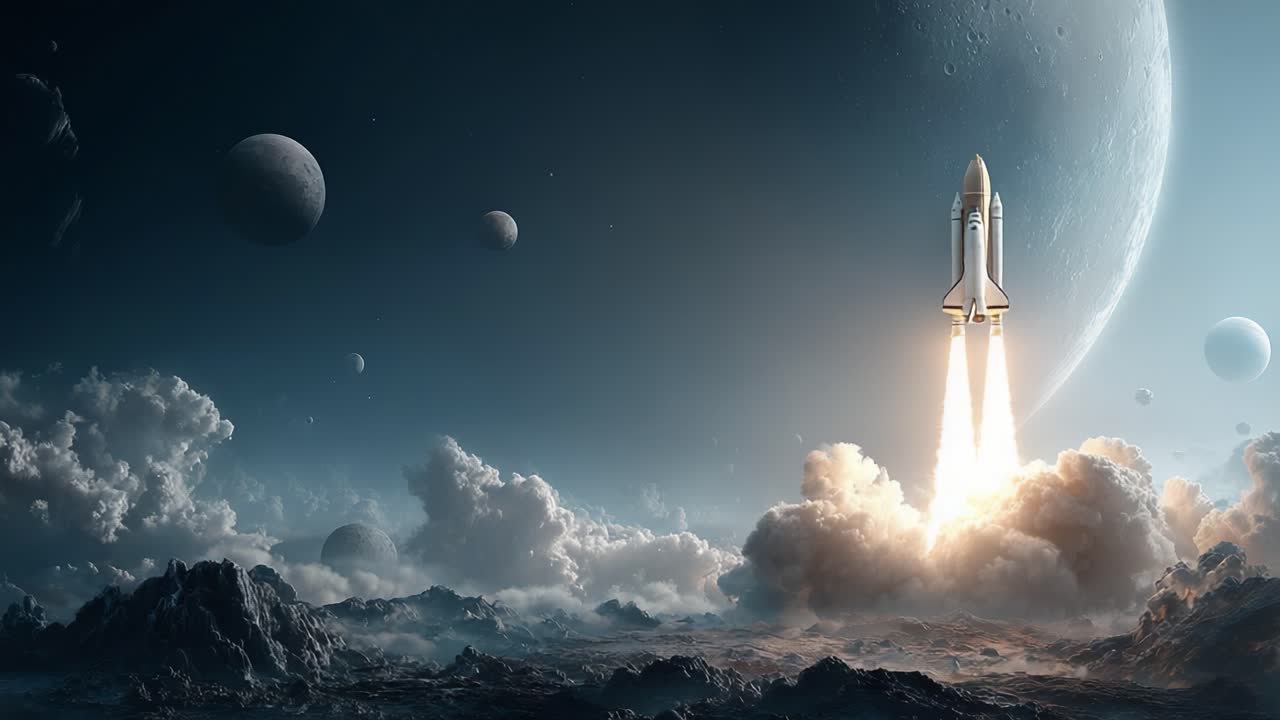 A mesmerizing launch of a spacecraft into the cosmos, soaring through clouds and past distant planetary bodies, capturing the essence of human exploration and the mysteries of space