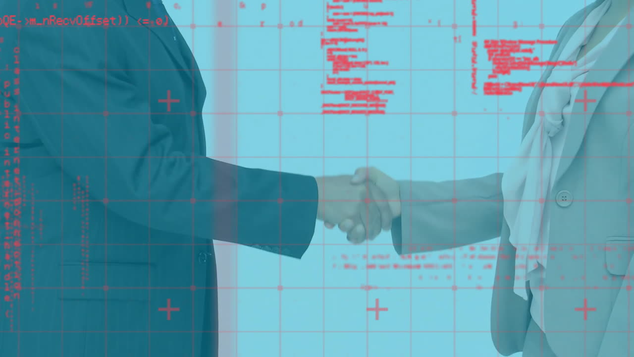Animazione di elaborazione dati su persone diverse che si stringono la mano in ufficio