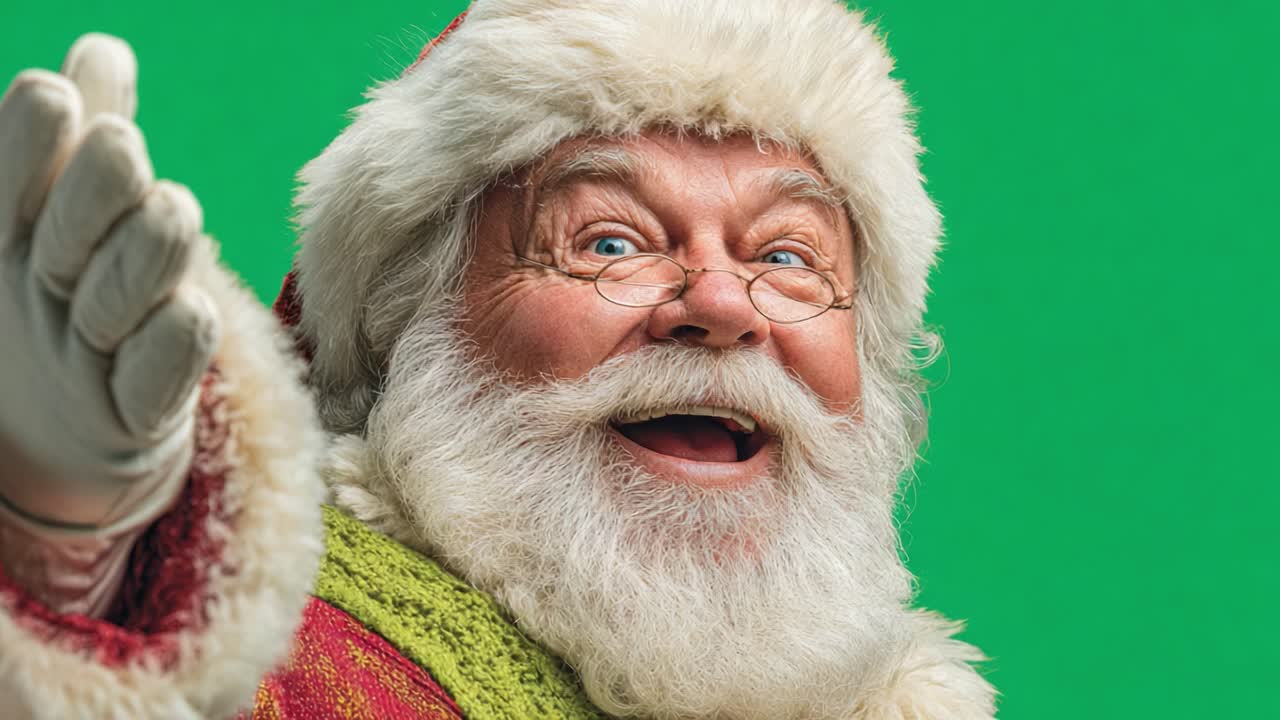 Joyful Santa Claus Smiling and Waving Cheerfully on a Bright Green Screen, embodying the Spirit of Christmas with Festive Attire and a Delightful Expression