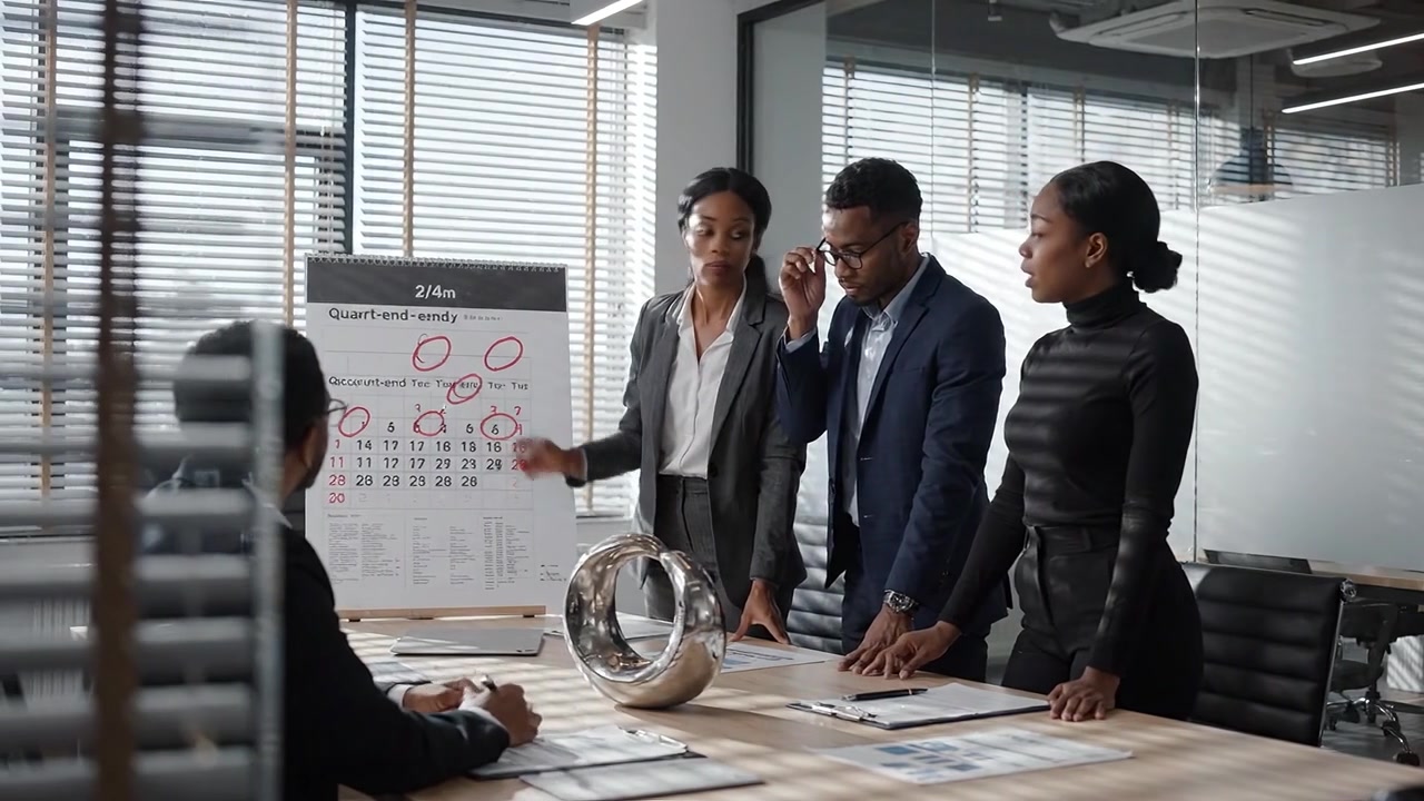 Business Team Collaborates on Project Presentation, Analyzing Quarter Trends with Calendar and Reports in Modern Office Environment