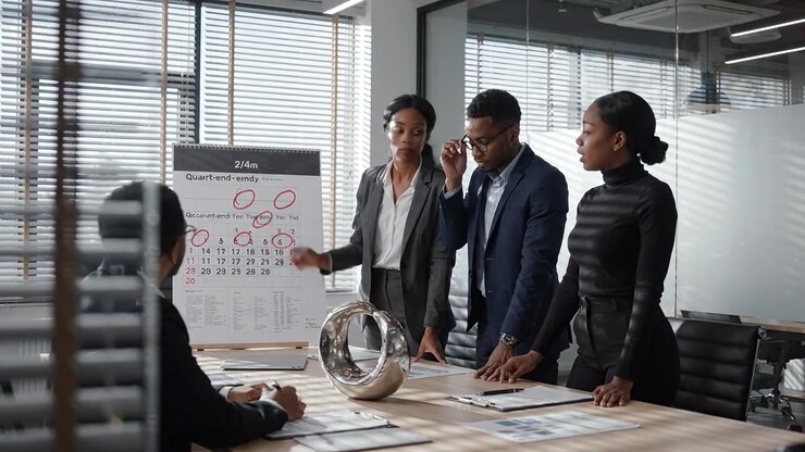Business Team Collaborates on Project Presentation, Analyzing Quarter Trends with Calendar and Reports in Modern Office Environment
