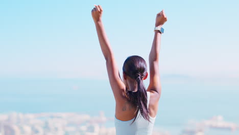 cityscape, hands up and woman runner excited