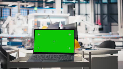 isolated copy space display on laptop in solar cell manufacturing plant