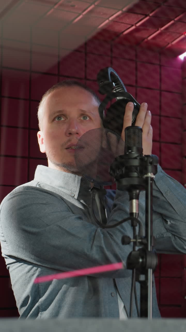 파란색 긴 슬리브 셔츠를 입은 남자가 스튜디오 마이크 앞에 서서 빨간색 방음 방에서 귀에 헤드폰을 붙잡고 있습니다.