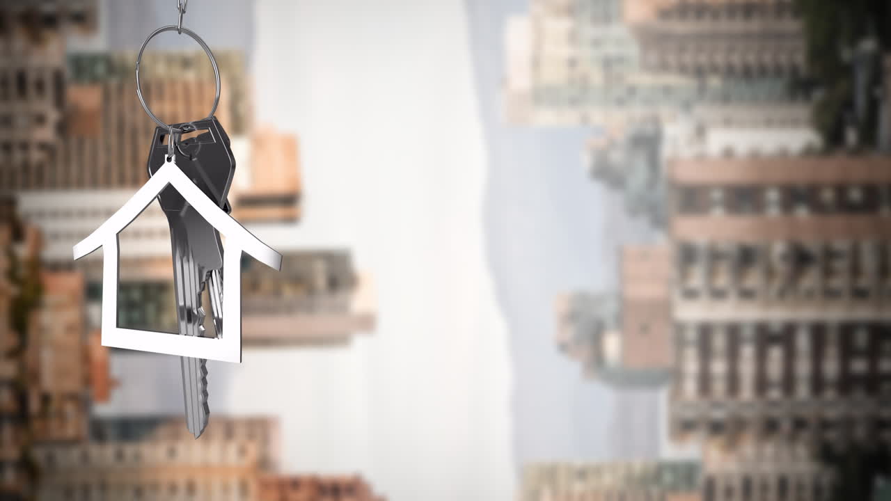 Animation of silver house key and jey fob over cityscape