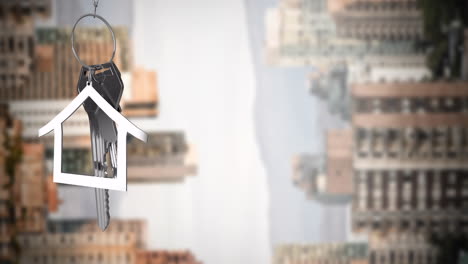 animation of silver house key and jey fob over cityscape