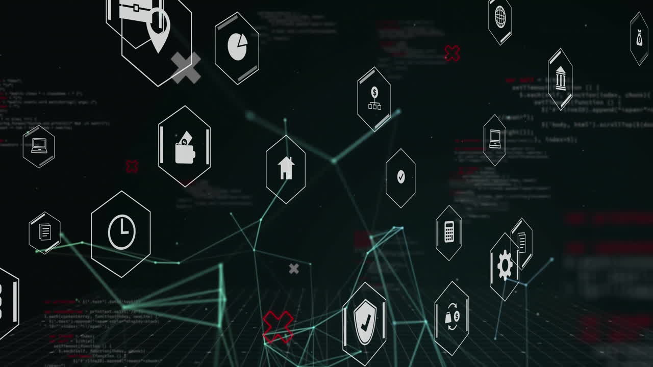 검은색 배경에 데이터 처리를 가진 비즈니스 아이콘의 애니메이션