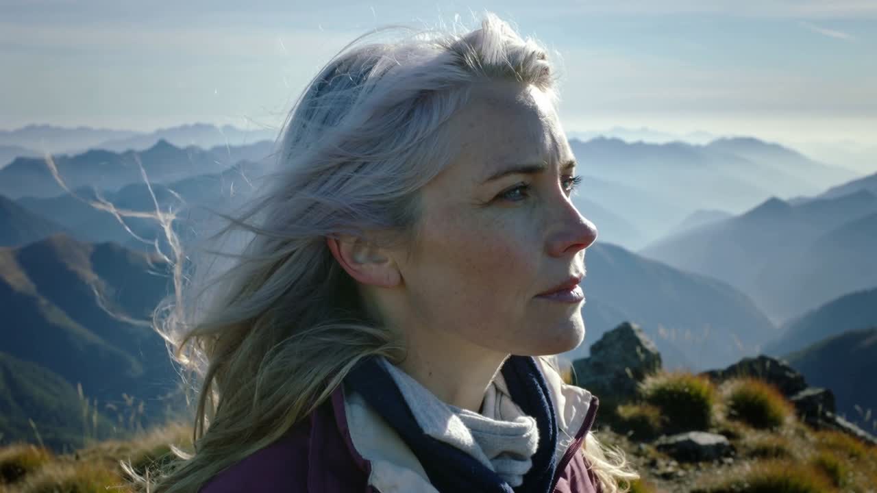 Woman standing on mountain ridge, wind blowing hair, scarf visible, reflecting for travel content