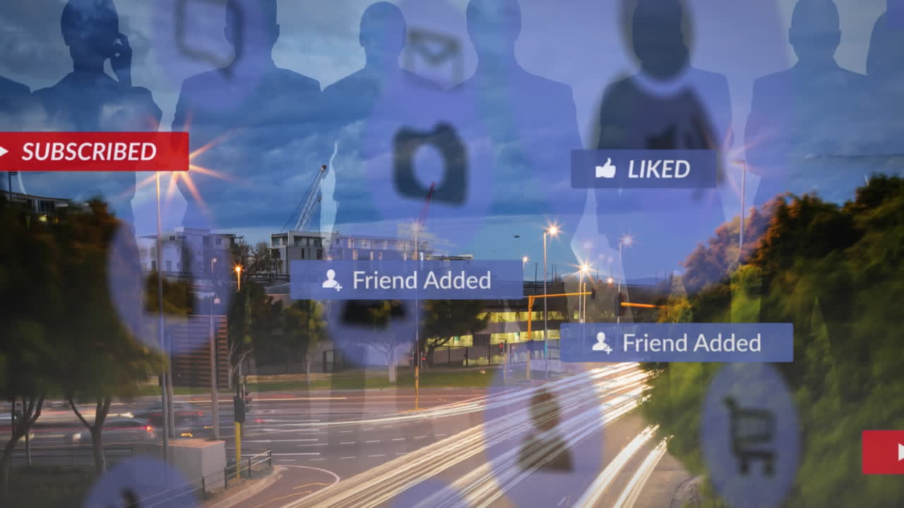 도시 풍경 위에 디지털 아이콘이 있는 배너에 있는 소셜 미디어 텍스트의 애니메이션