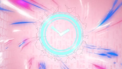 Abstract-geometric-shapes-spinning-and-digital-clock-ticking-over-digital-waves-on-pink-background