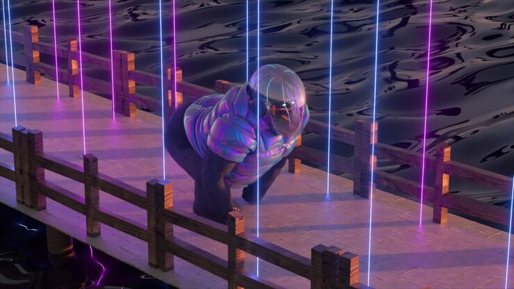 Gorilla su un Ponte Cyberpunk Futuristico