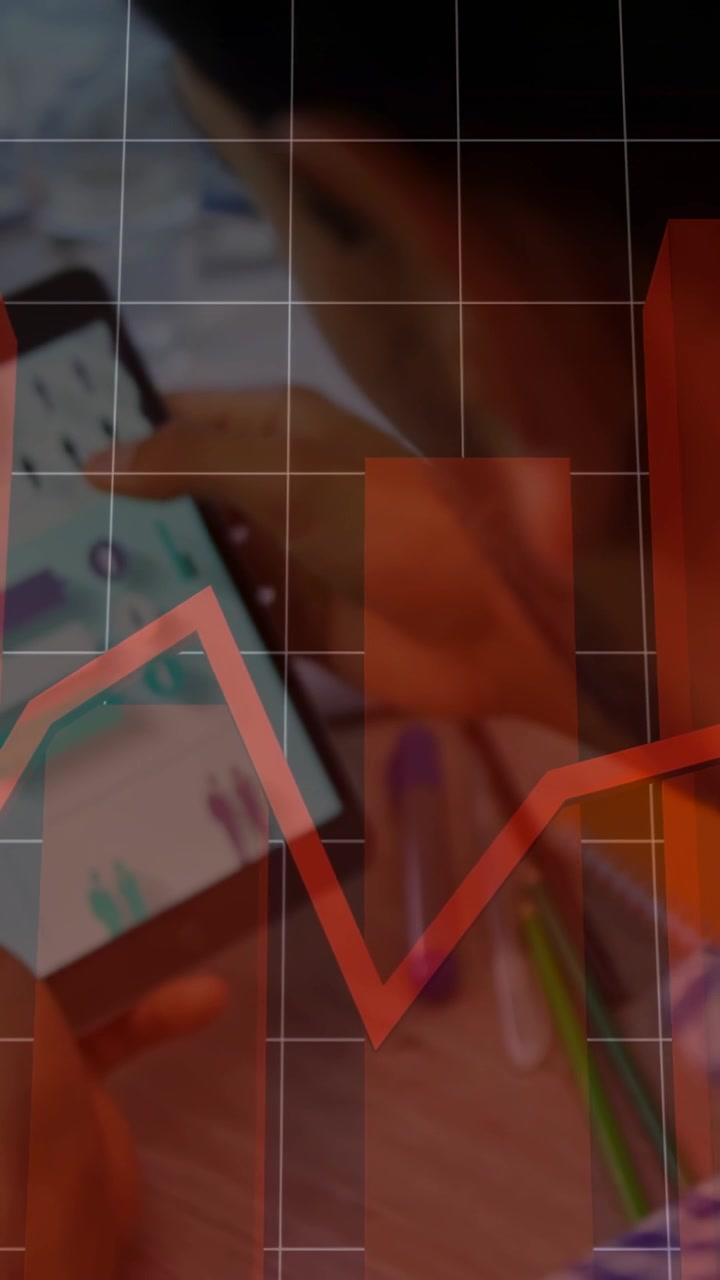 Vertical video: Man tapping smartphone at desk, activating finance bars and red line chart rising