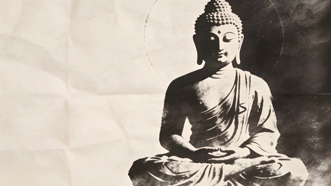 Sequenza di fotogrammi che raffigura un Buddha stilizzato con contrasto d'inchiostro accentuato su pergamena per enfasi, spazio per il testo.