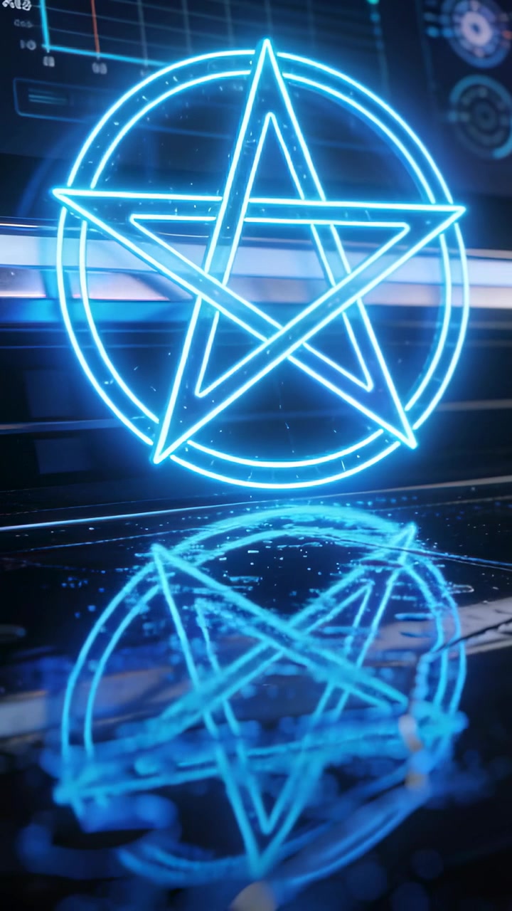 Video verticale: Pentagramma al neon pulsante sul pavimento dello studio, la telecamera si inclina causando un riflesso HUD increspato