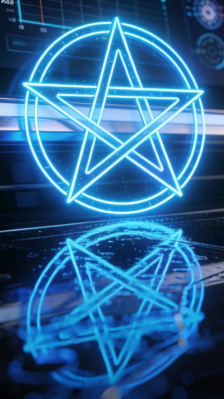 Video verticale: Pentagramma al neon pulsante sul pavimento dello studio, la telecamera si inclina causando un riflesso HUD increspato