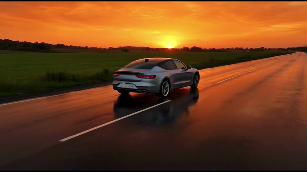 Berlina argentata che guida su una strada di campagna bagnata al tramonto