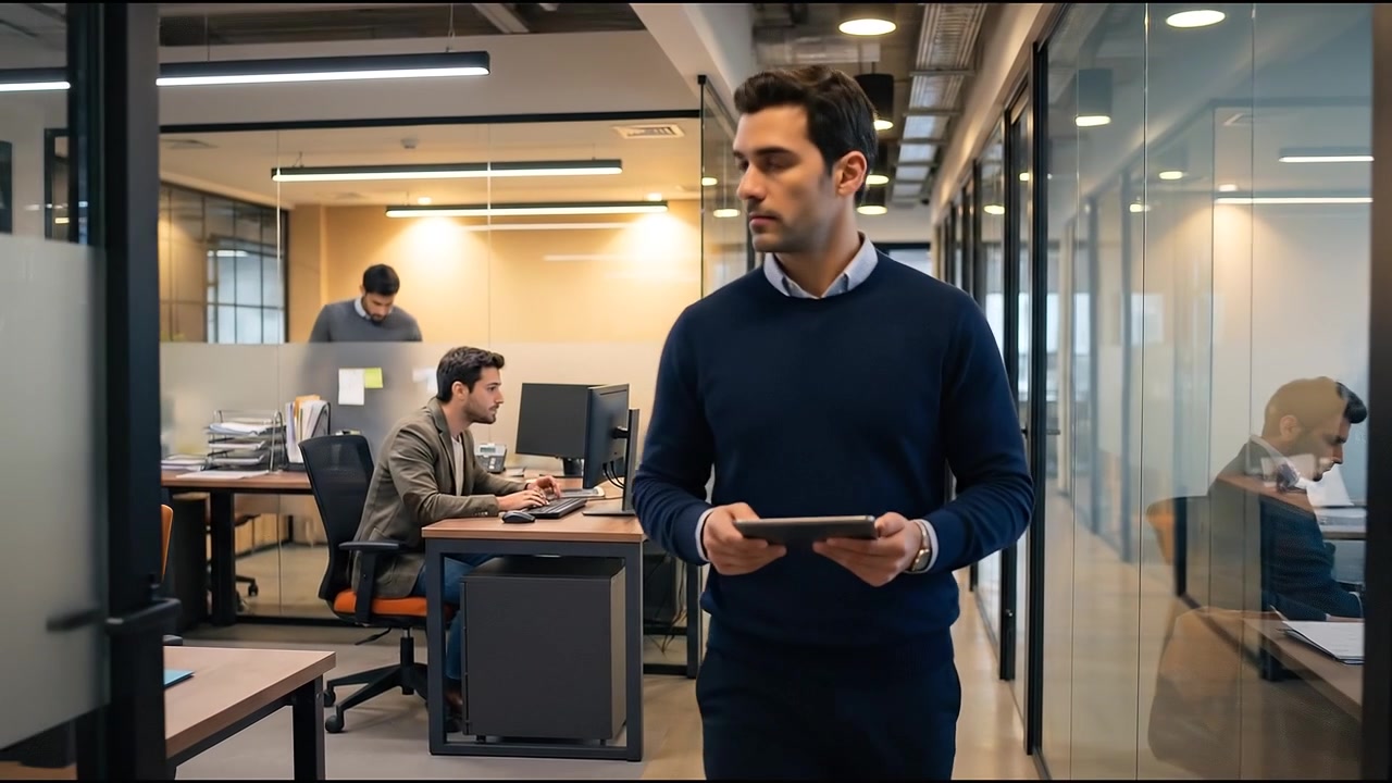 Profesional de negocios sosteniendo una tableta digital mientras camina por un moderno espacio de oficina corporativo