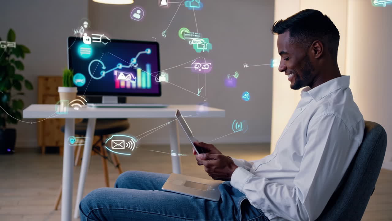 Man Working with Digital Data and Network Connectivity in a Modern Office
