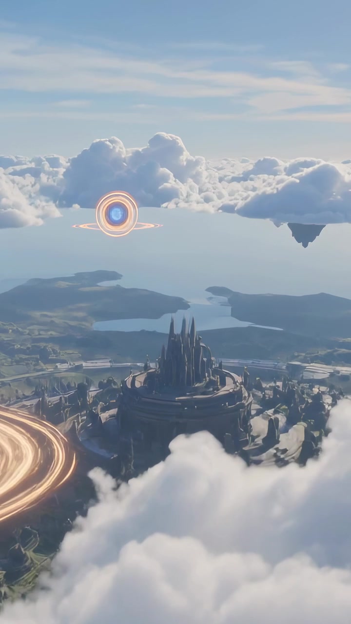 Video verticale: Telecamera in movimento che rivela un castello su una mesa con nuvole che si diradano, un globo illuminato e una scia di energia