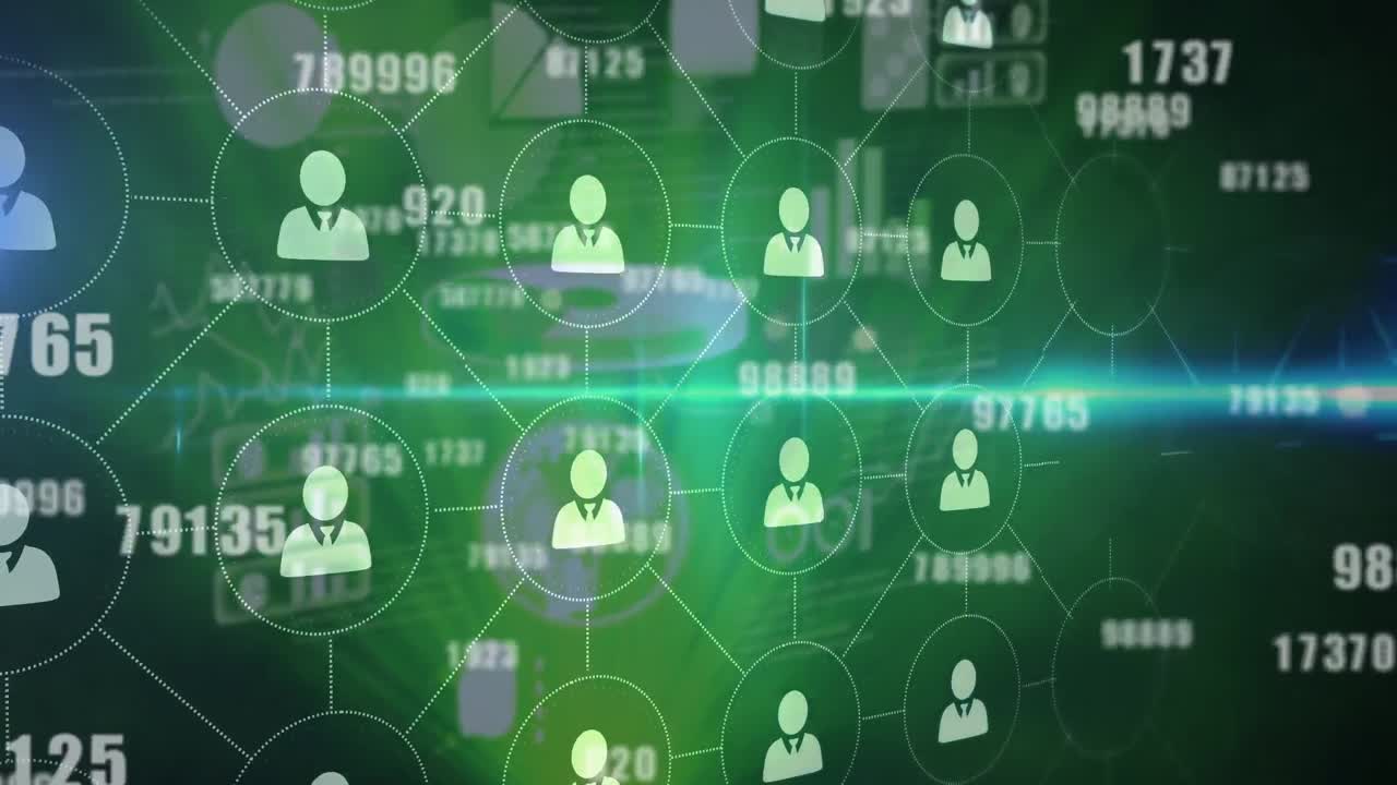Animation of network of connections over data processing on black background