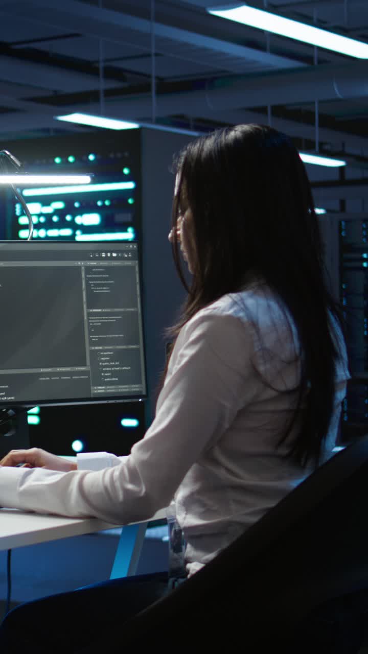 Professionisti IT che collaborano al codice in una sala server buia